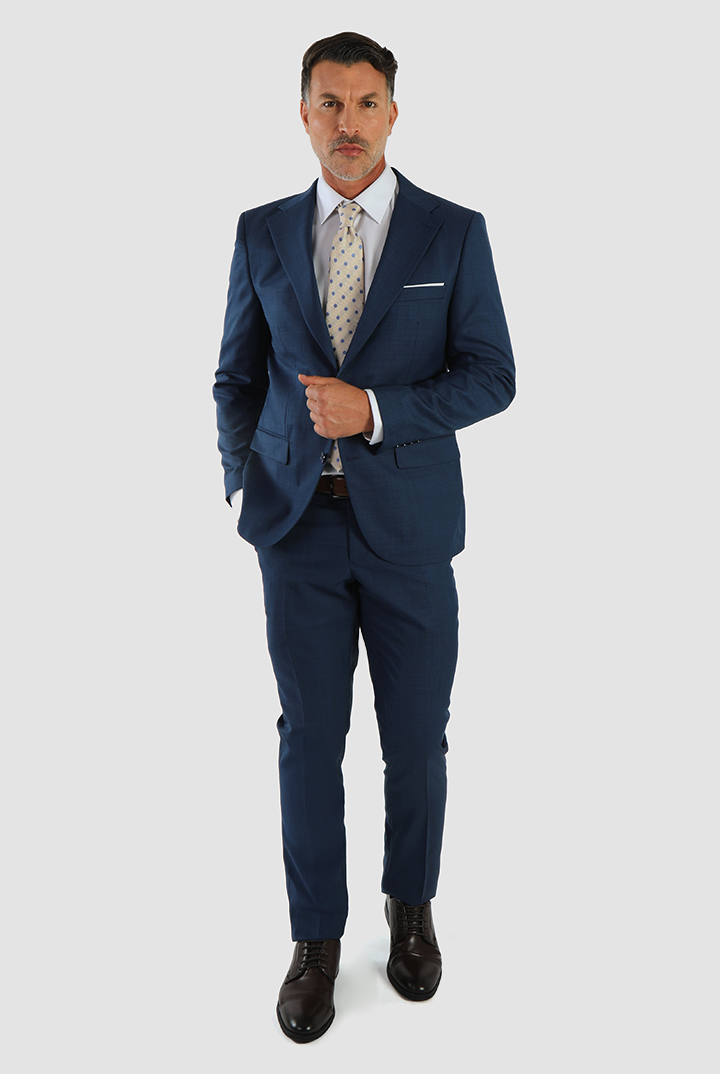 alt="DKS slim fresco suit formal 2 button 2 vent navy full view"