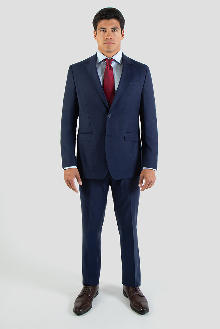 alt="DKS slim twill suit formal 2 button 2 vent navy full view"