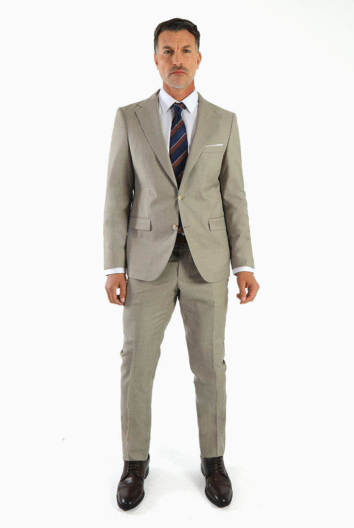alt="DKS beige slim fit fresco formal suit front view with two button jacket"