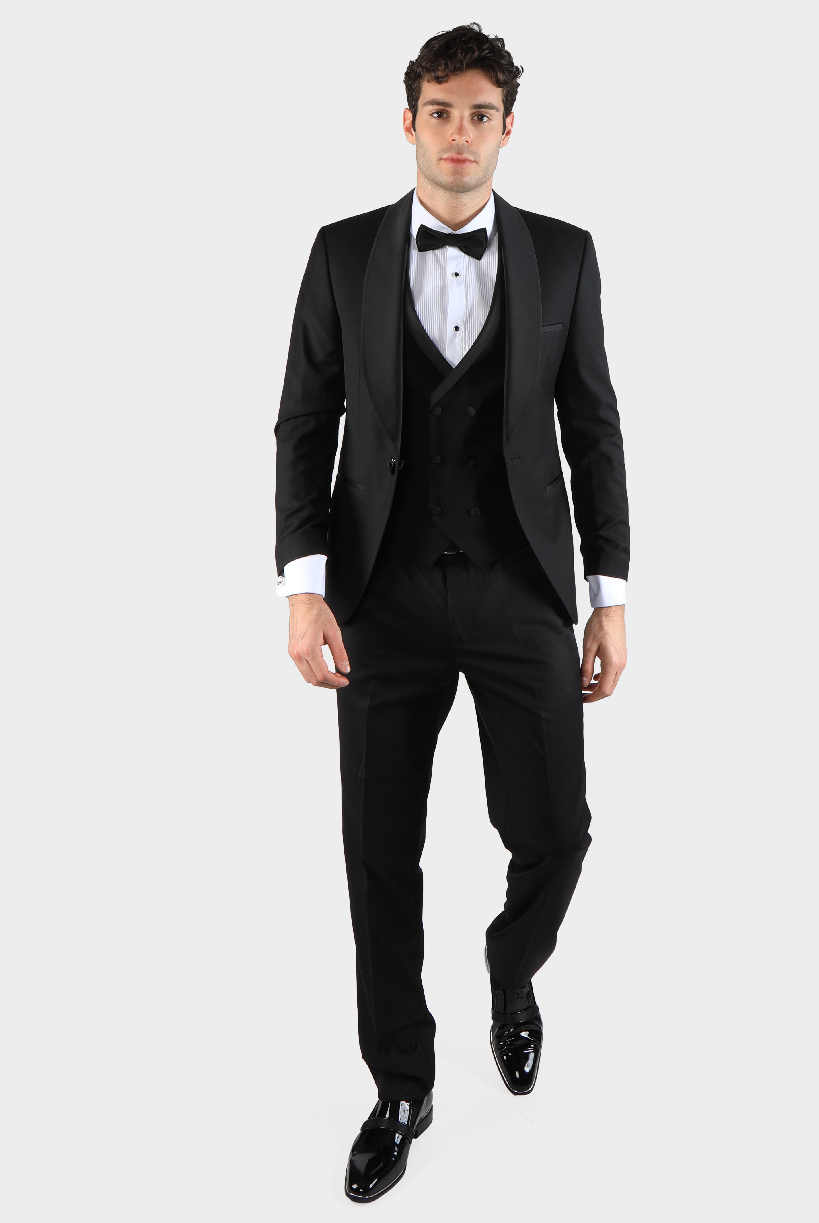 alt="DKS slim tuxedo suit with vest black full view"