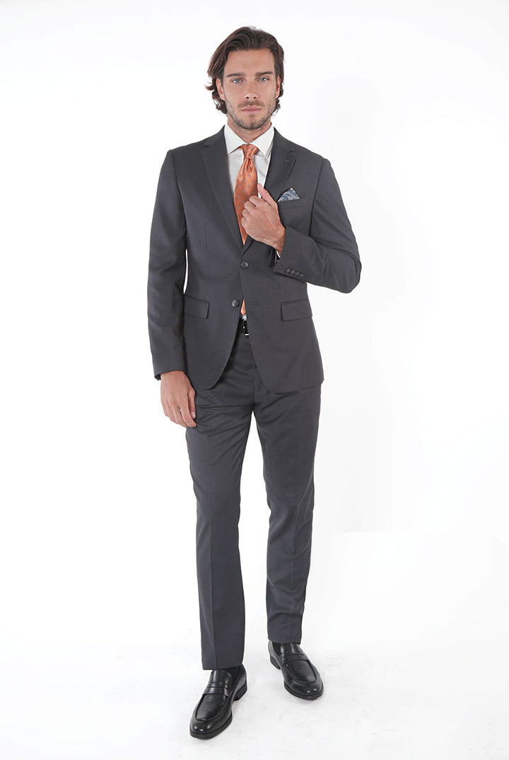alt="FRANCISCO TOLLI slim plain suit formal 2 button 2 vent charcoal full view"