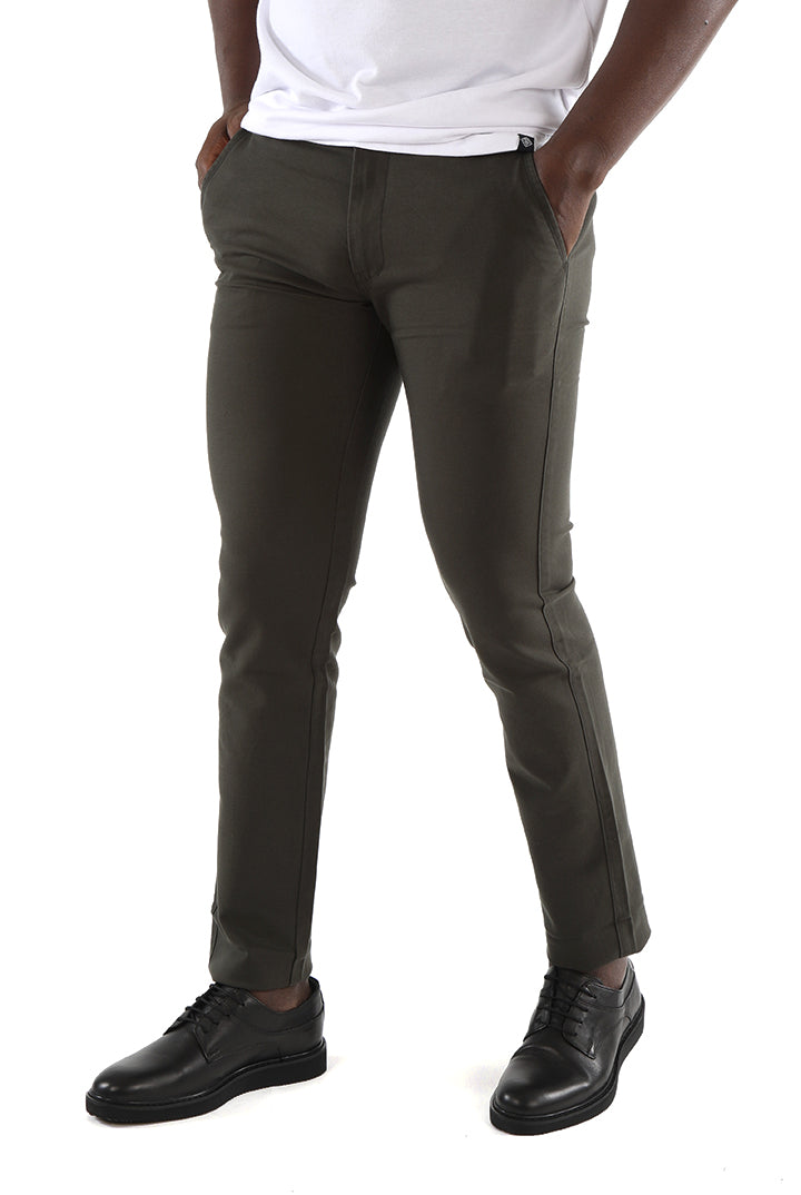 alt="Francisco Tolli dark olive slim self design trouser casual no pleat front view"