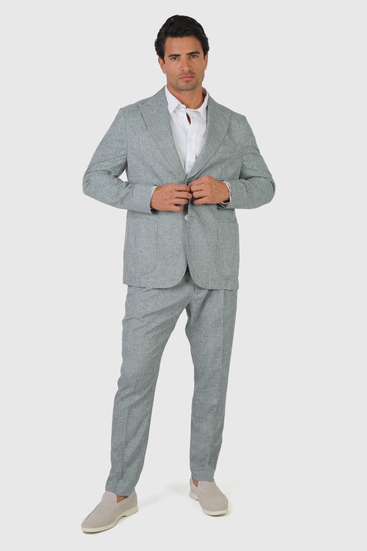 alt="Jack Morgan greenish grey slim fresco jacket formal 2 button 2 vent without lining front full view"
