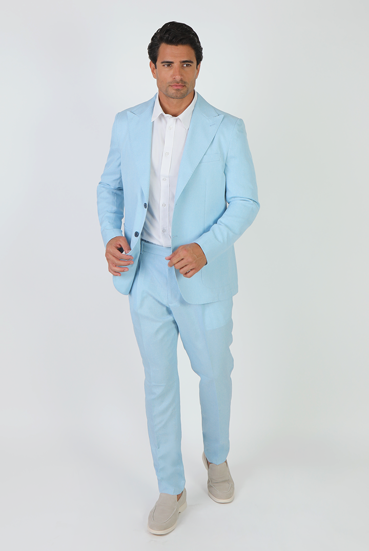 alt="Jack Morgan sky blue slim fresco jacket formal 2 button 2 vent without lining front full view"