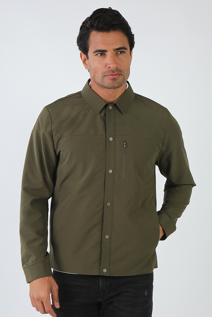 alt="Jack Morgan green olive slim solid shacket casual front view"