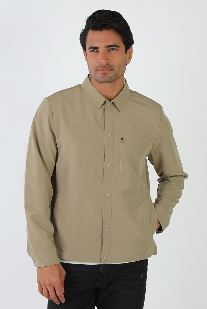 alt="Jack Morgan dark beige slim solid shacket casual front view"