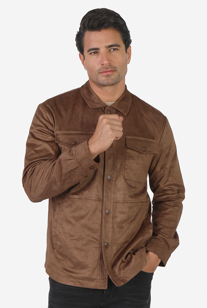 alt="Jack Morgan brown regular double pocket long sleeve shacket casual front view"