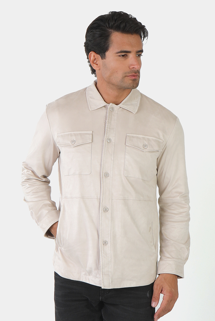 alt="Jack Morgan beige regular double pocket long sleeve shacket casual front view"