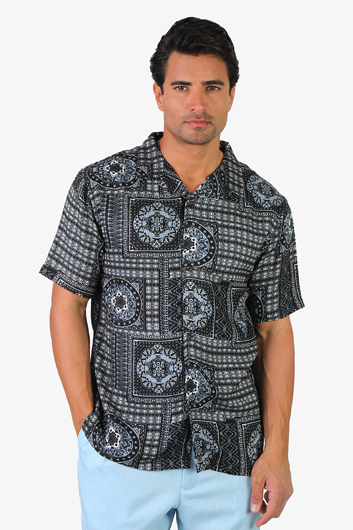 alt="Jack Morgan navy/white tailored casual half sleeve with lapel shirt front view"