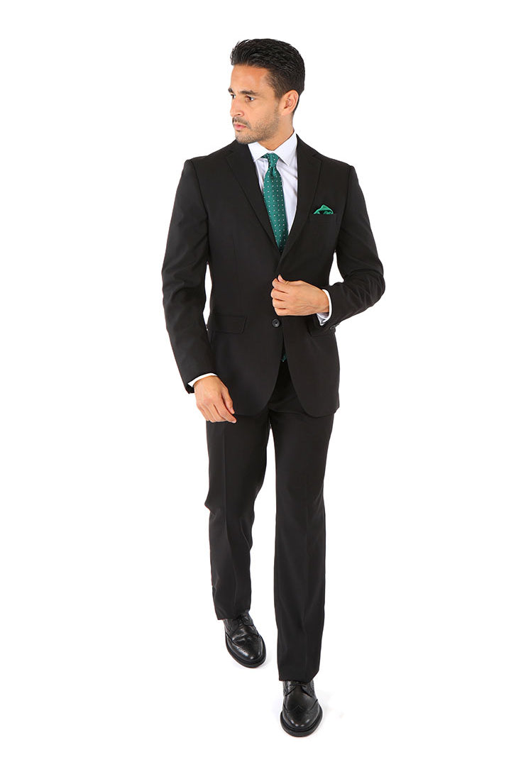 alt="Mosaique black slim solid formal suit front full view on model"
