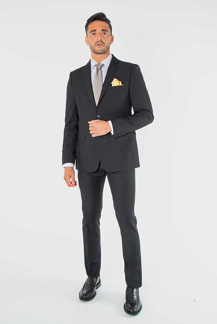 alt="Mosaique black slim stripe formal suit front view on model"