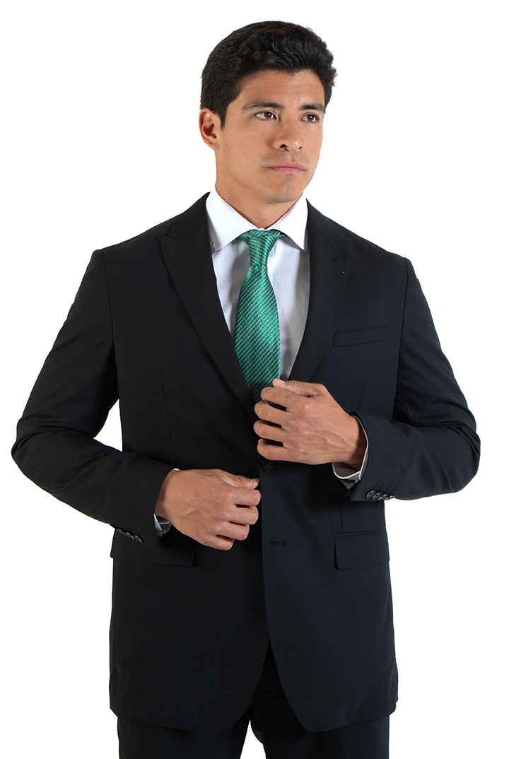 alt="DKS black slim fit fresco formal suit front close view with two button jacket"