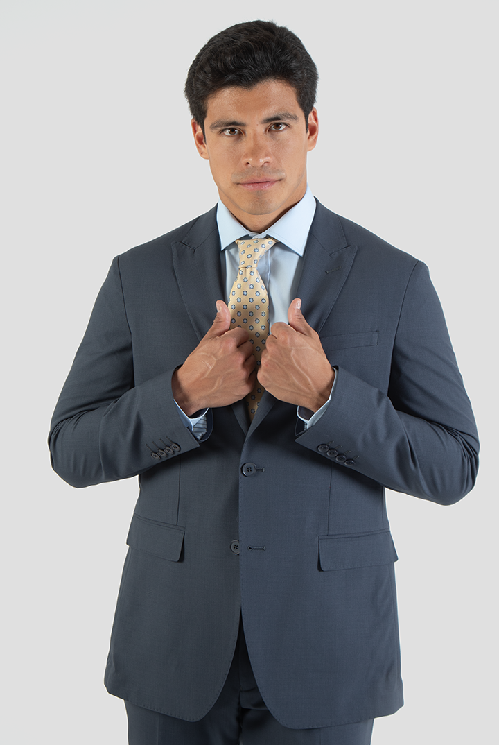 alt="DKS slim fresco suit formal 2 button 2 vent navy front view"