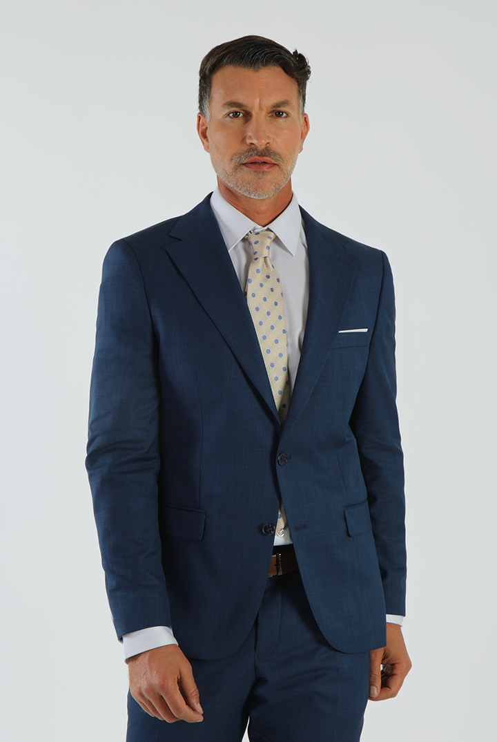 alt="DKS slim fresco suit formal 2 button 2 vent navy front view"