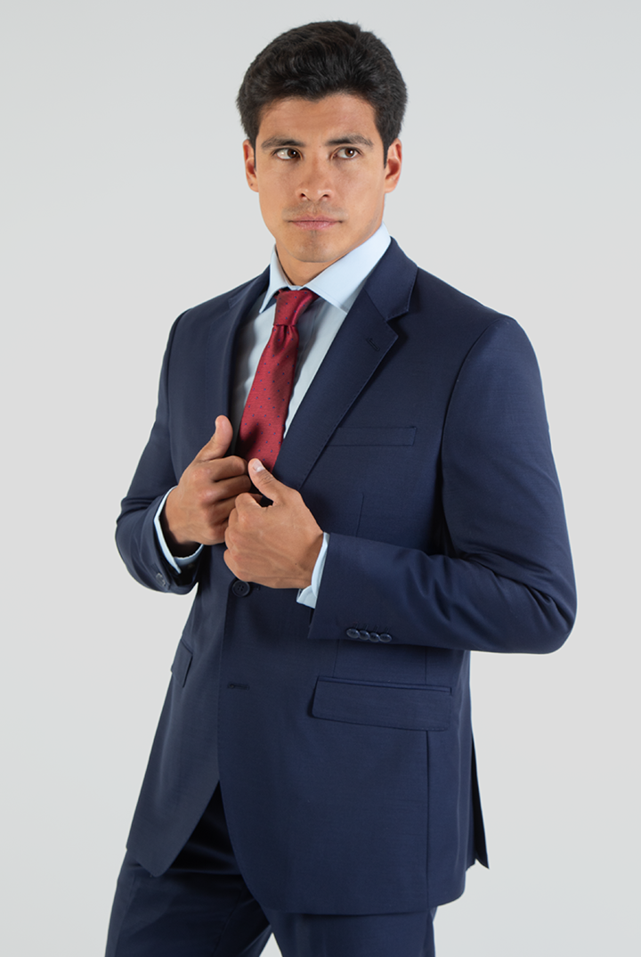 alt="DKS slim twill suit formal 2 button 2 vent navy front view"