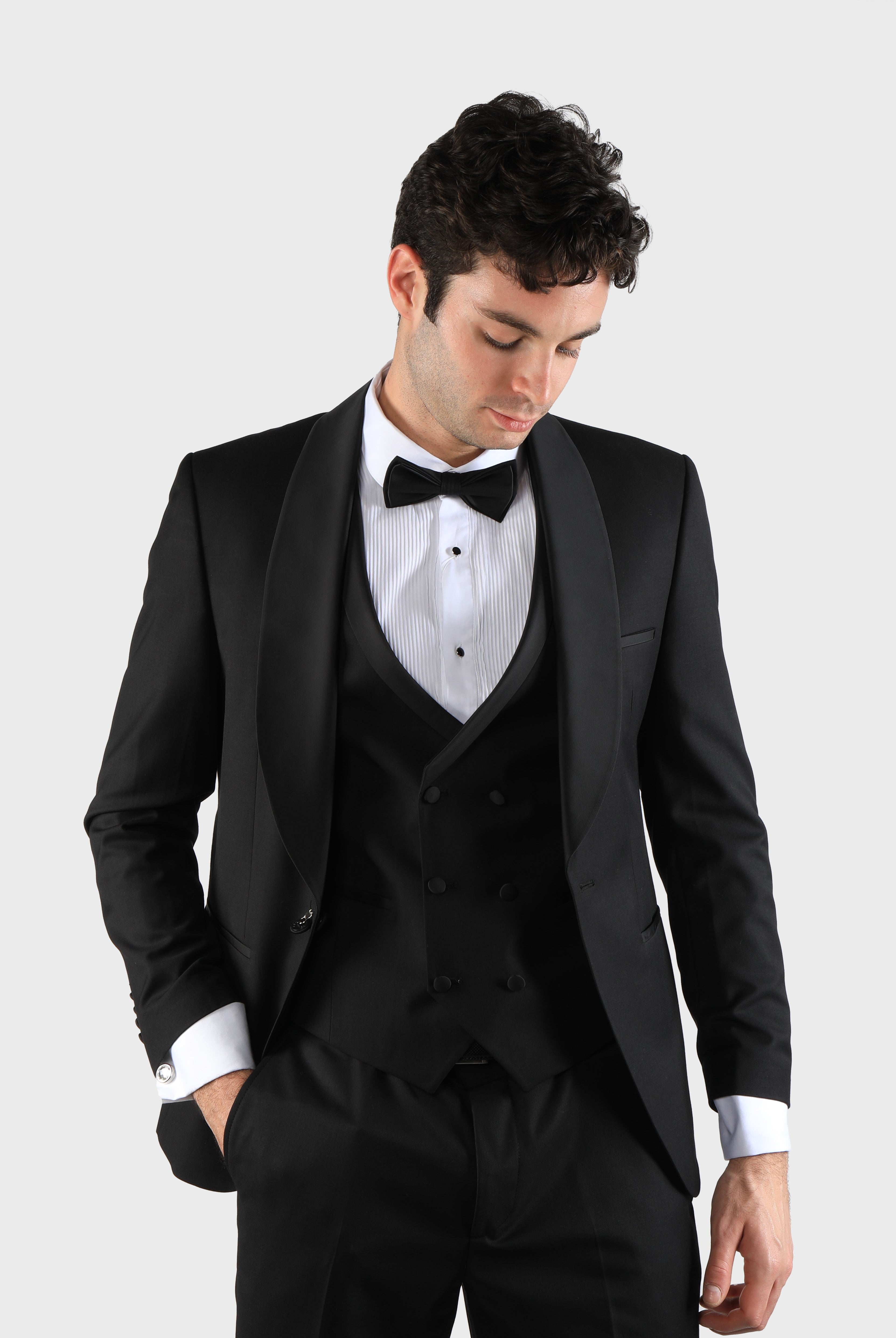 alt="DKS slim tuxedo suit with vest black front view"