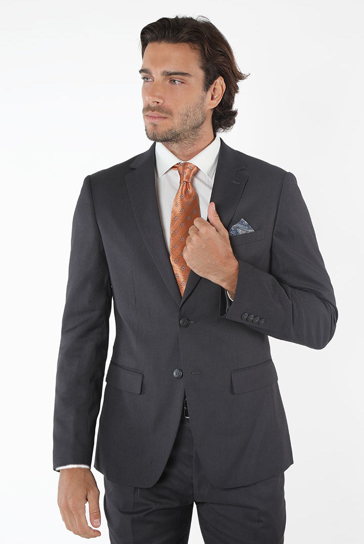 alt="FRANCISCO TOLLI slim plain suit formal 2 button 2 vent charcoal front view"
