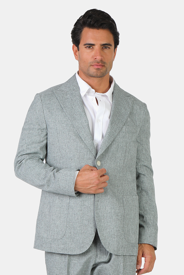 alt="Jack Morgan greenish grey slim fresco jacket formal 2 button 2 vent without lining front view"