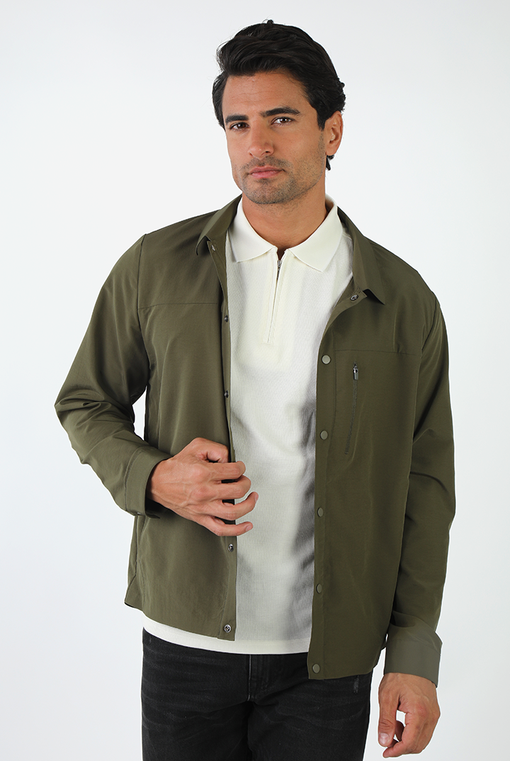 alt="Jack Morgan green olive slim solid shacket casual front open view"