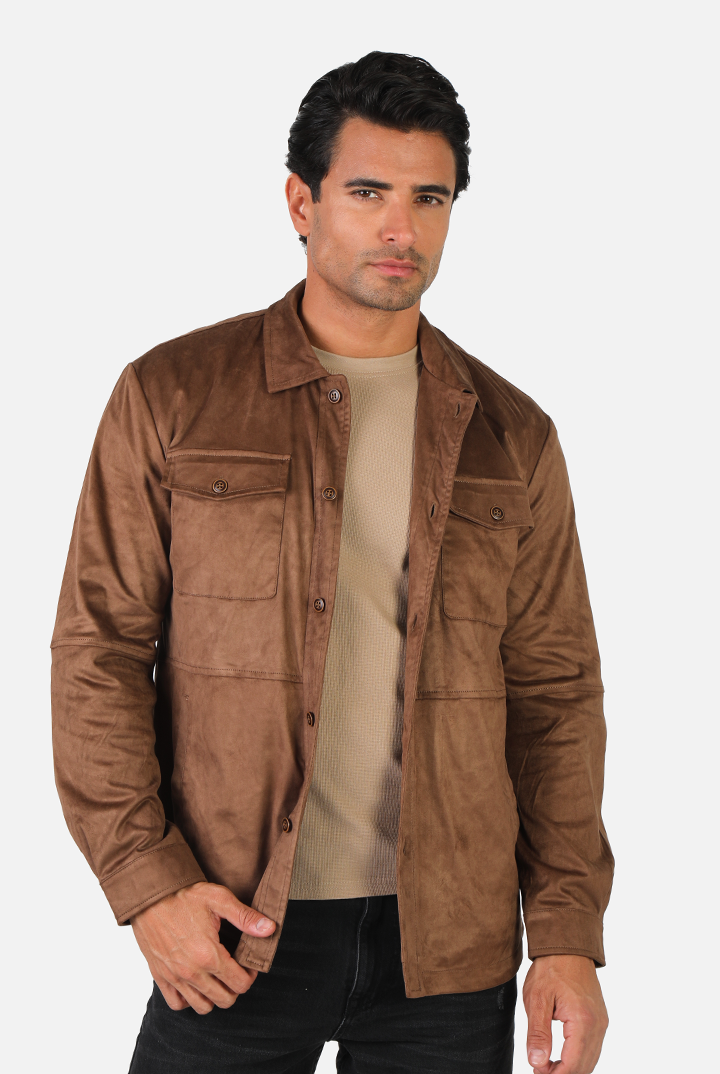 alt="Jack Morgan brown regular double pocket long sleeve shacket casual front open view"