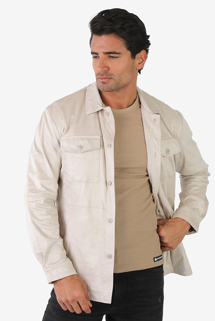 alt="Jack Morgan beige regular double pocket long sleeve shacket casual front open view"