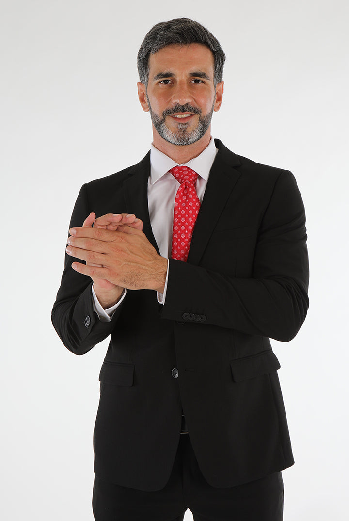 alt="Mosaique black slim solid formal suit front close view on model"