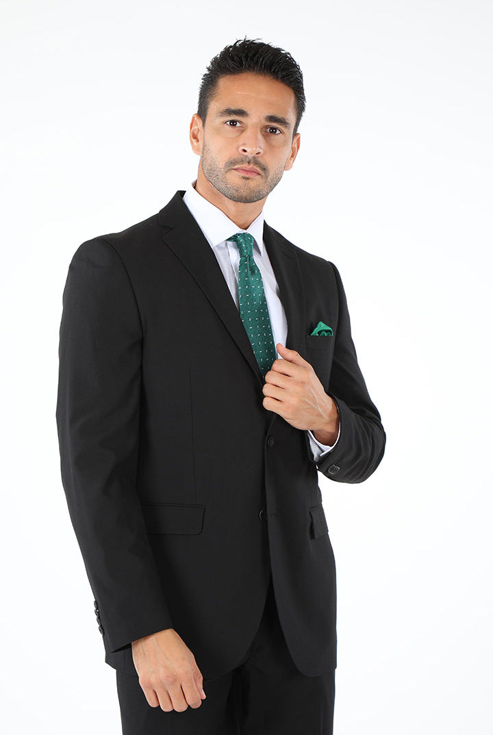 alt="Mosaique black slim solid formal suit close side view on model"
