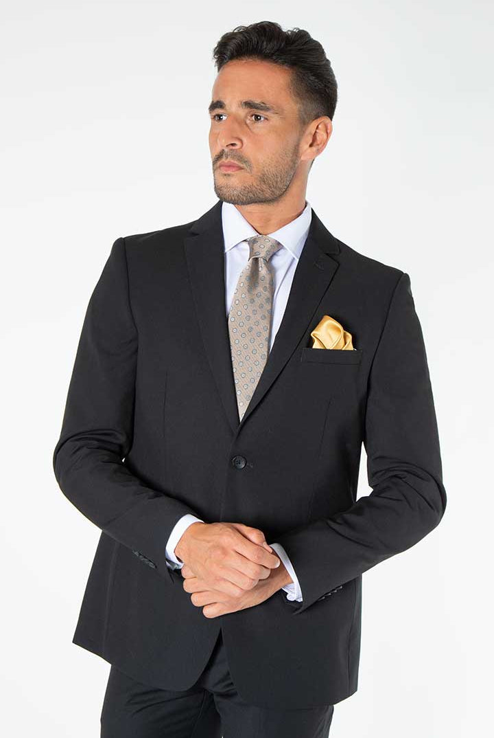 alt="Mosaique black slim stripe formal suit front close view on model"