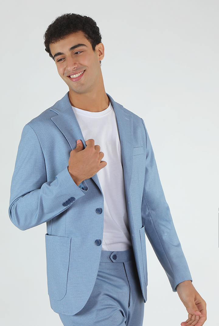 alt="MOSAIQUE slim small checks suit performance 2 button 2 vent sky blue front close view"