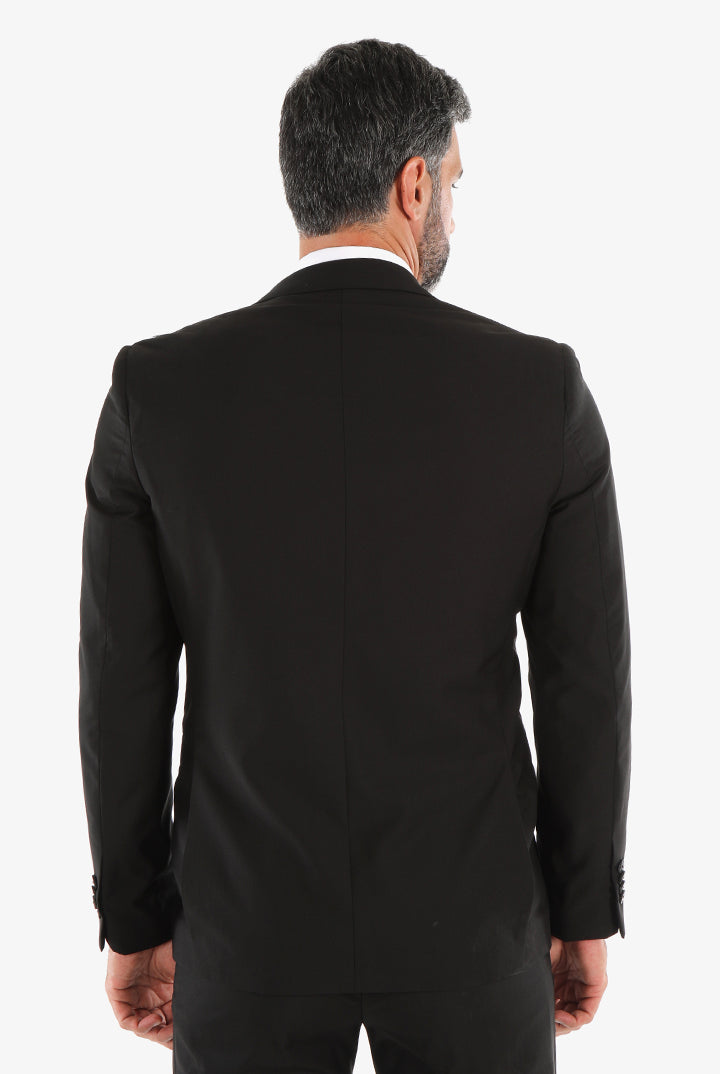 alt="Alberto Paolucci black slim solid formal suit back view with two button jacket"