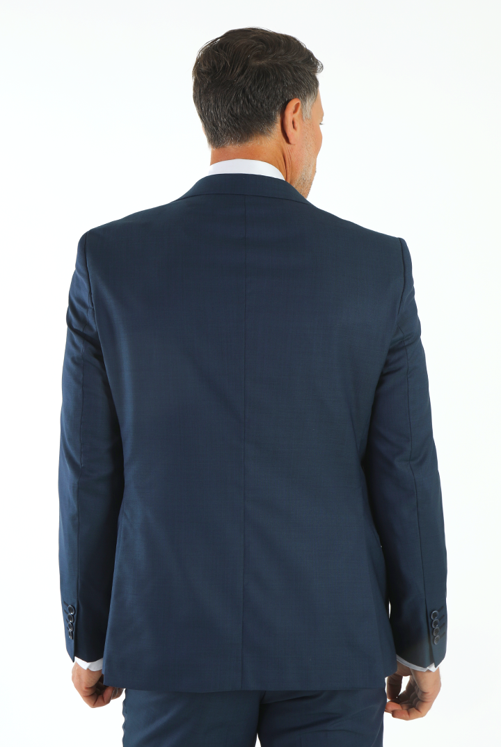 alt="DKS navy slim fit fresco formal suit back view showing double vent"