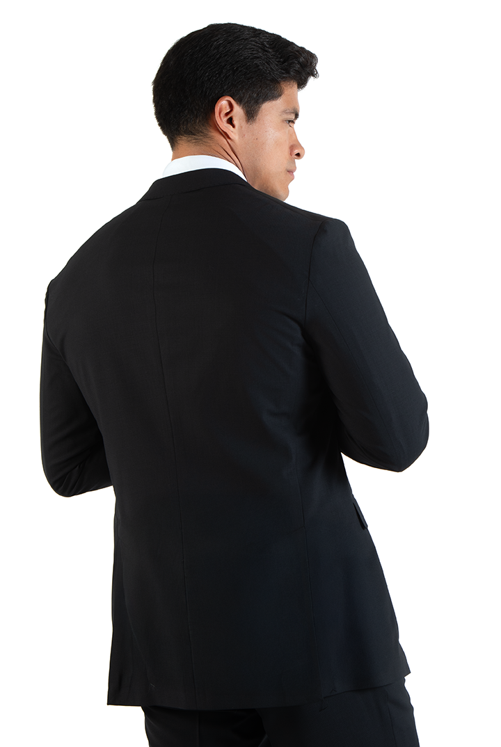 alt="DKS black slim fit fresco formal suit back view showing double vent"
