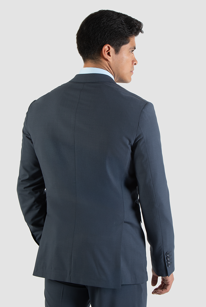 alt="DKS slim fresco suit formal 2 button 2 vent navy back view"