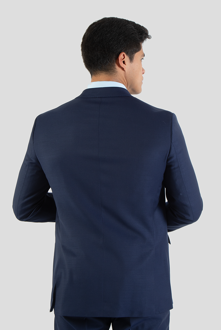 alt="DKS slim twill suit formal 2 button 2 vent navy back view"