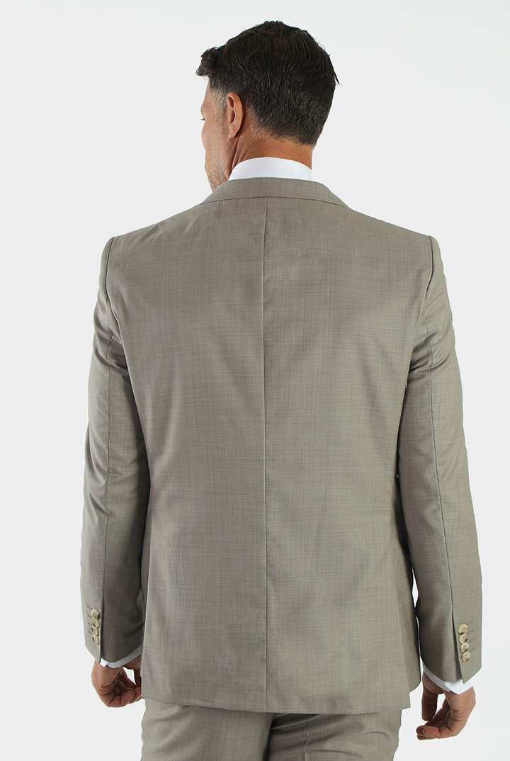alt="DKS beige slim fit fresco formal suit back view showing double vent"