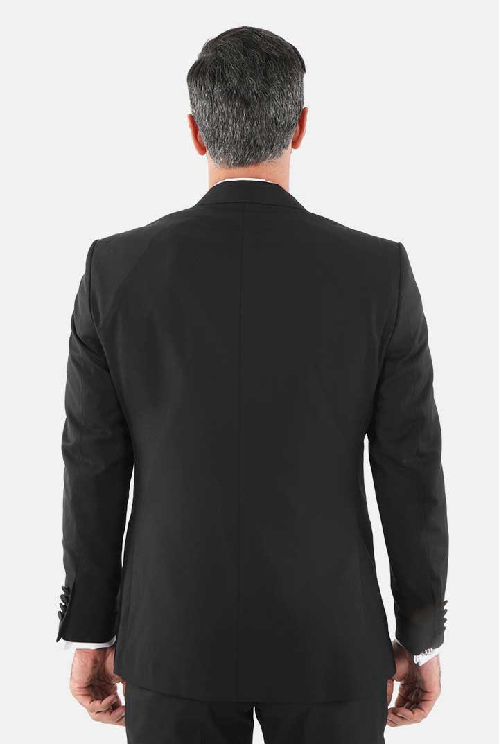 alt="DKS black slim solid tuxedo suit with vest back view"