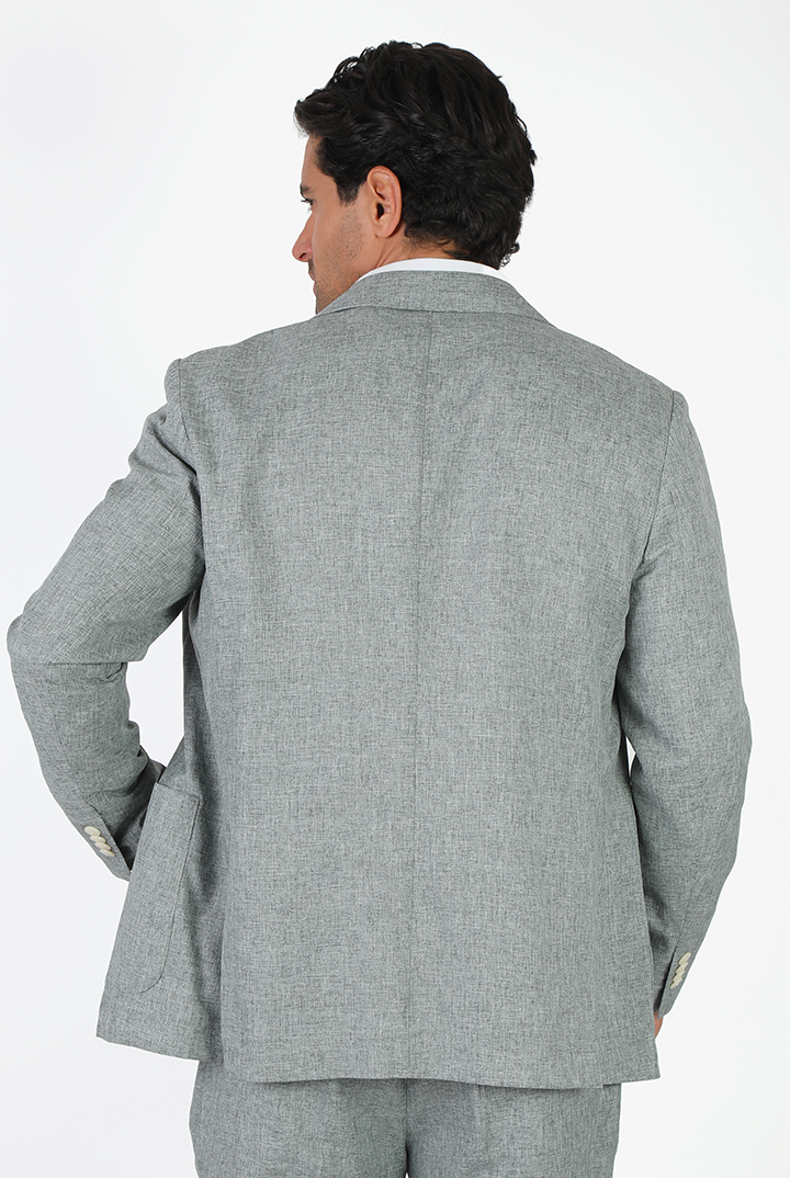 alt="Jack Morgan greenish grey slim fresco jacket formal 2 button 2 vent without lining back view"