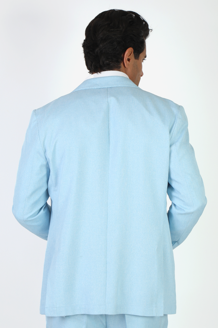 alt="Jack Morgan sky blue slim fresco jacket formal 2 button 2 vent without lining back view"