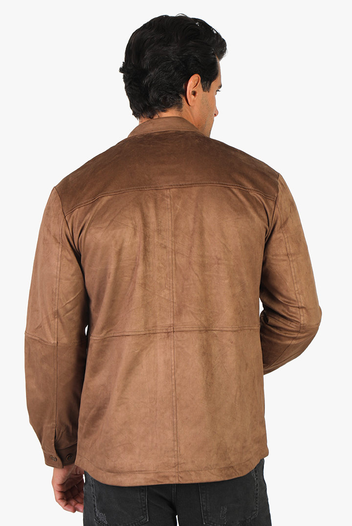 alt="Jack Morgan brown regular double pocket long sleeve shacket casual back view"