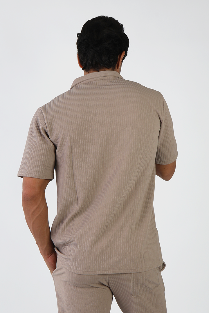 alt="Jack Morgan beige tailored casual half sleeve shirt with lapel collar back view"