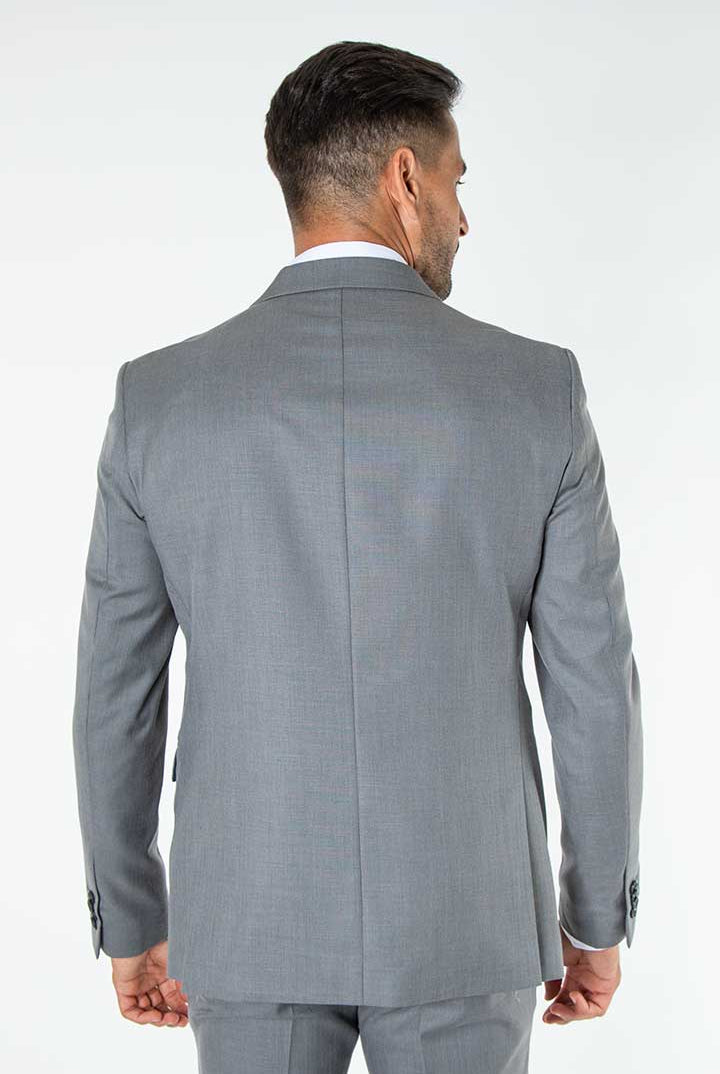 alt="Mosaique grey slim self designed formal suit back view on model"