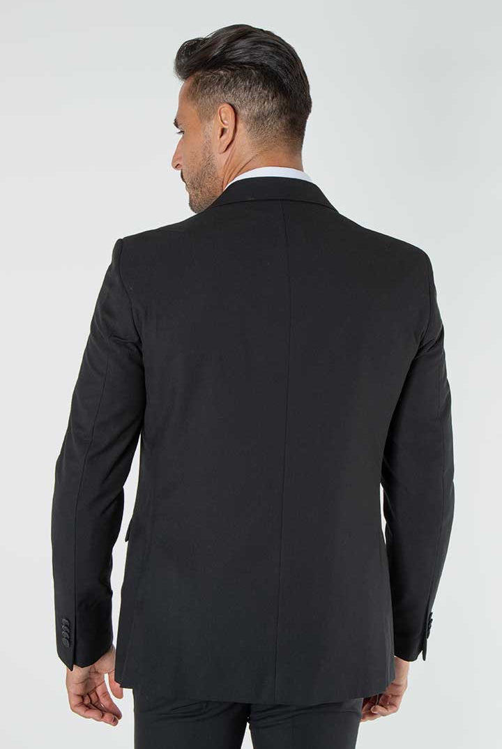 alt="Mosaique black slim stripe formal suit back view on model"