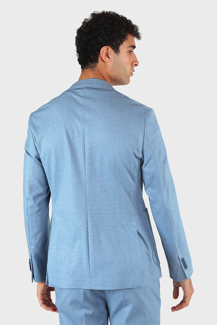 alt="MOSAIQUE slim small checks suit performance 2 button 2 vent sky blue back view"