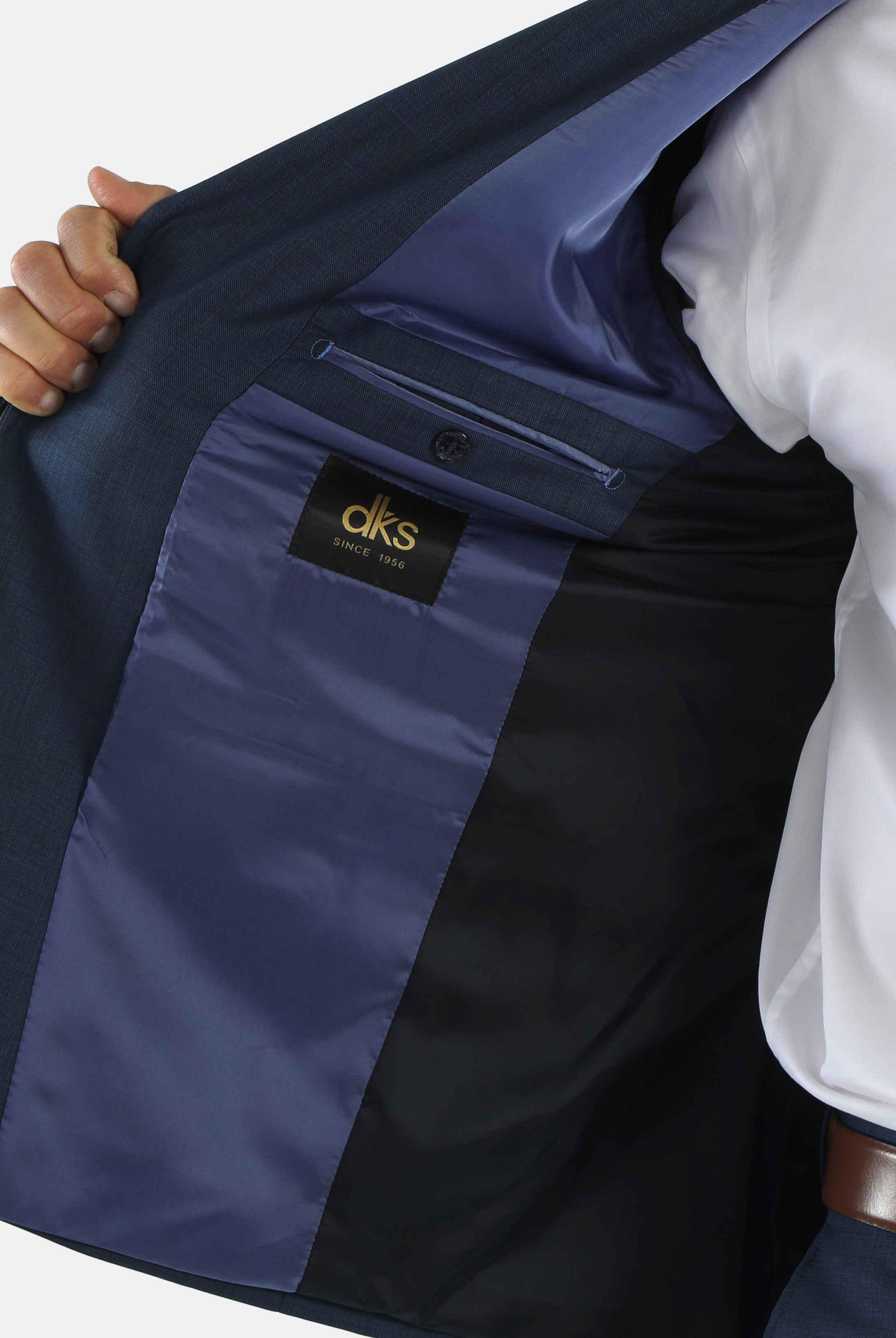 alt="DKS slim fresco suit formal 2 button 2 vent navy right side pocket view"