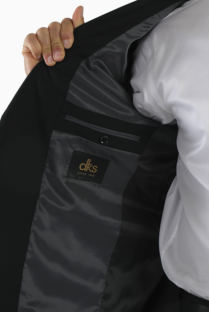 alt="DKS black slim solid formal suit right inner pocket and lining detail"