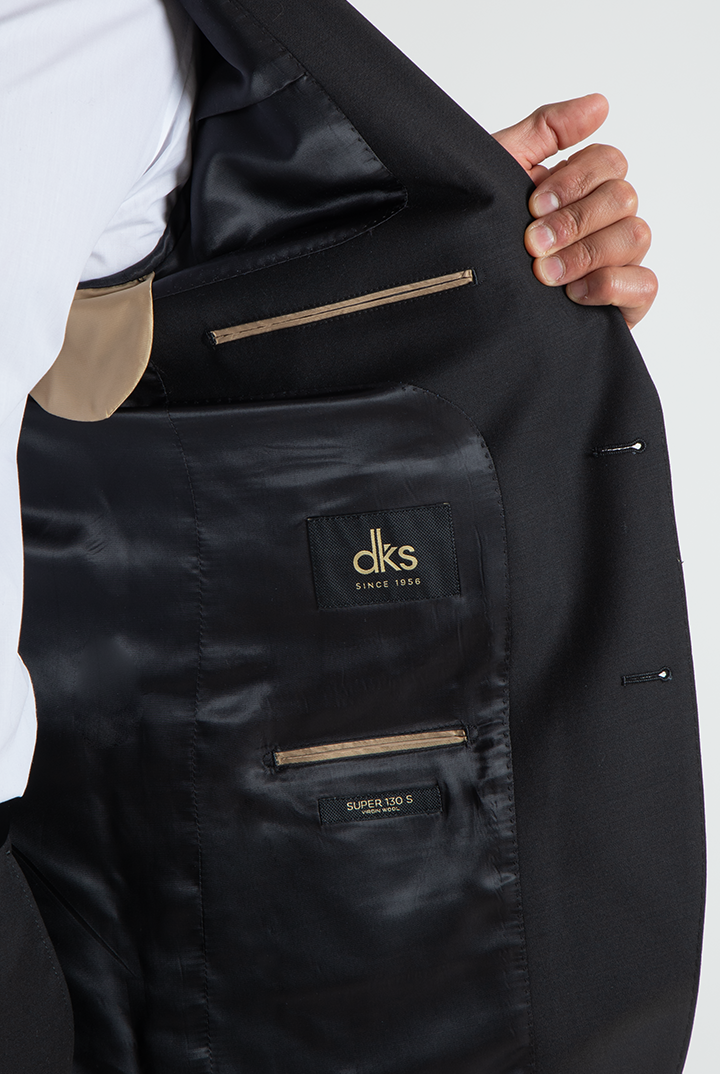 alt="DKS slim twill suit formal 2 button 2 vent black side pocket view"
