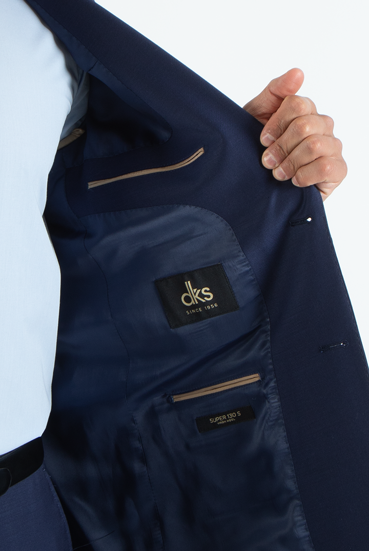 alt="DKS slim twill suit formal 2 button 2 vent navy side pocket view"
