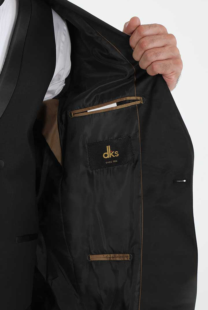 alt="DKS black slim solid tuxedo suit inner pocket and lining detail"