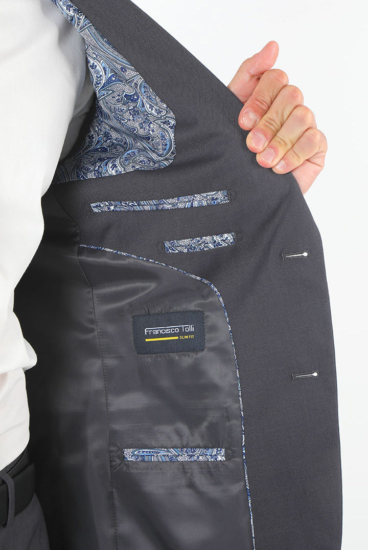alt="FRANCISCO TOLLI slim plain suit formal 2 button 2 vent charcoal side pocket view"