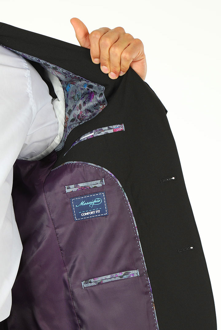 alt="Mosaique black slim solid formal suit inner pocket and lining detail"
